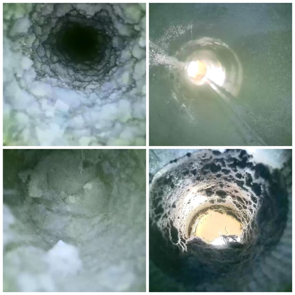"Before-and-after collage showing the inside of dryer vent ducts.